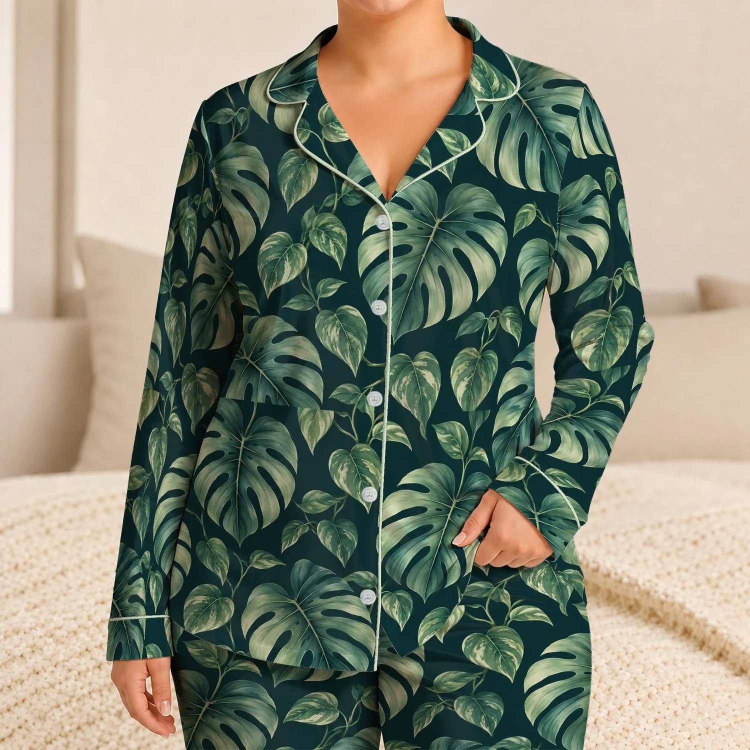 Mint Monstera And Pothos Leaves For Tropical Getaways And Relaxed Summer Days Satin Pajamas Set - 1