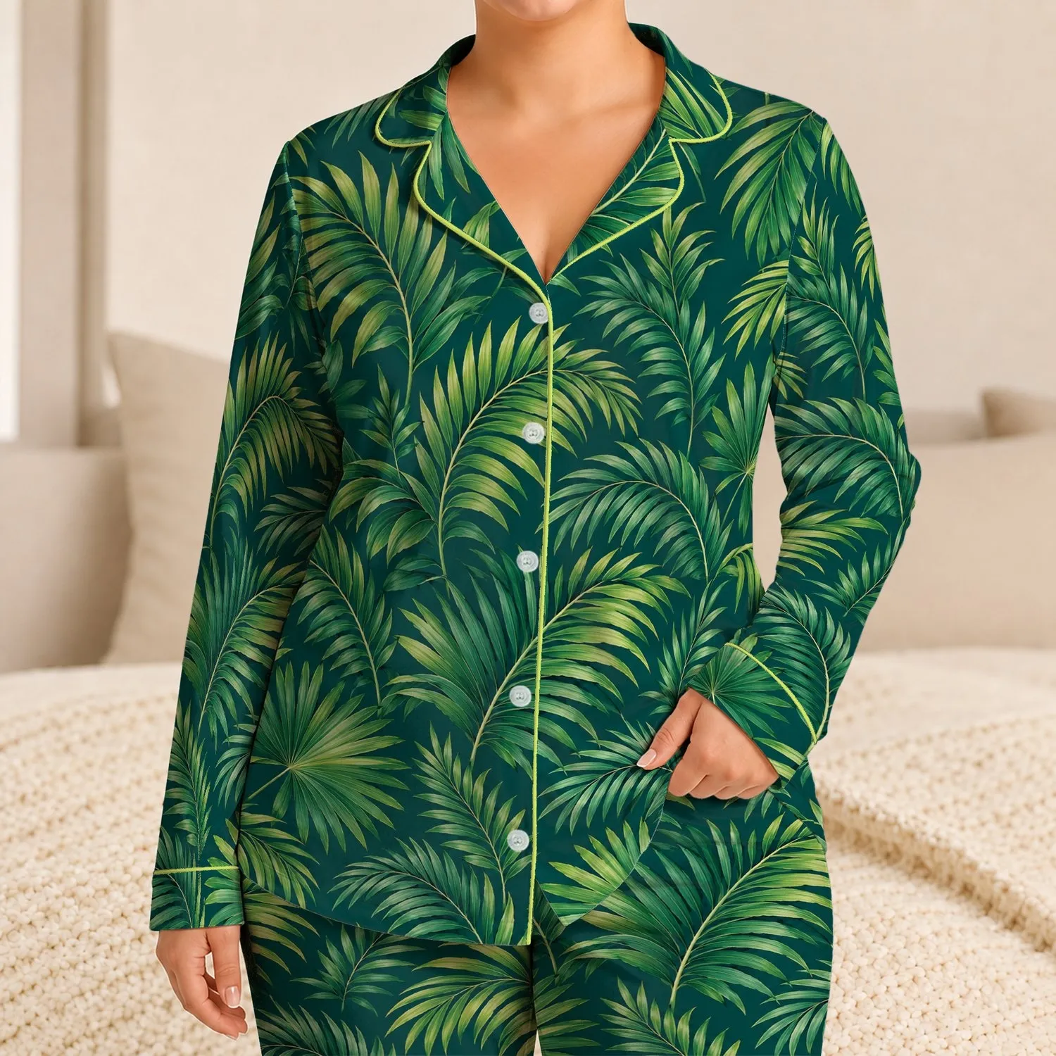 Tropical Palm Fronds for Relaxed Resort Evenings and Island Getaways Satin Pajamas Set - 1