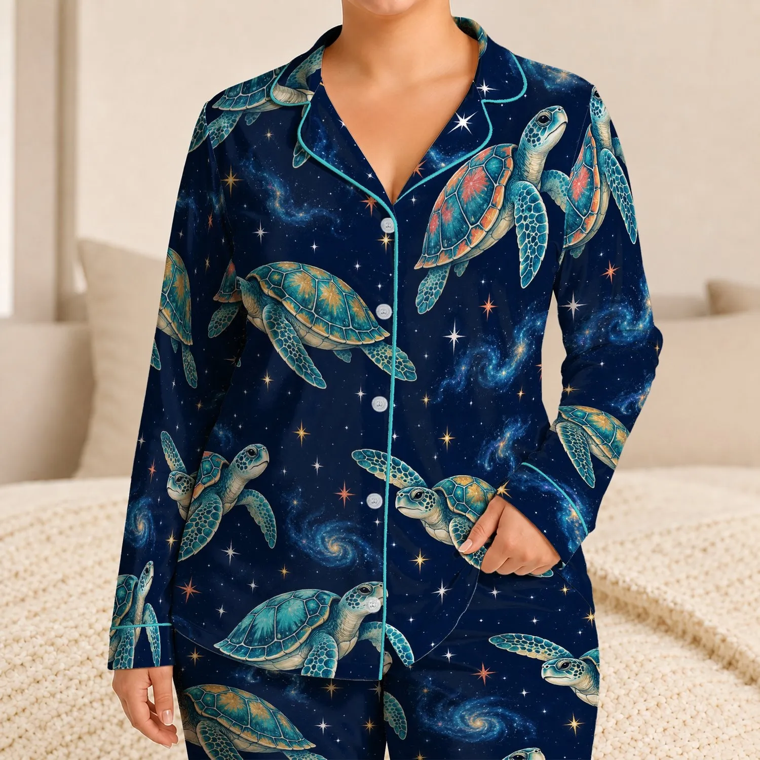 Turquoise Sea Turtles Under Starry Skies for Relaxed Coastal Nights Satin Pajamas Set - 1