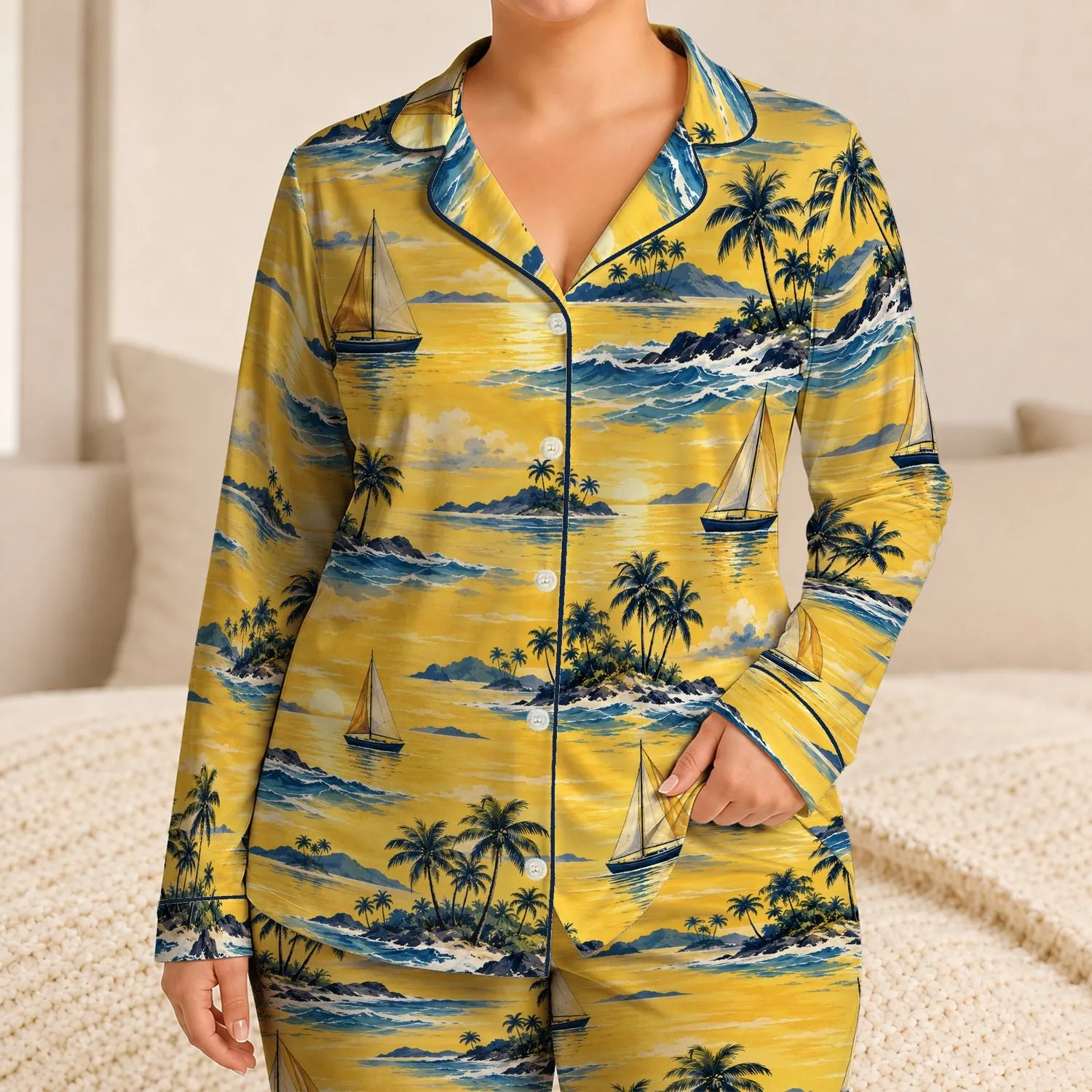 Tropical Coconut Islands, Golden Waves and Sailboats for Relaxed Coastal Getaways Satin Pajamas Set - 1