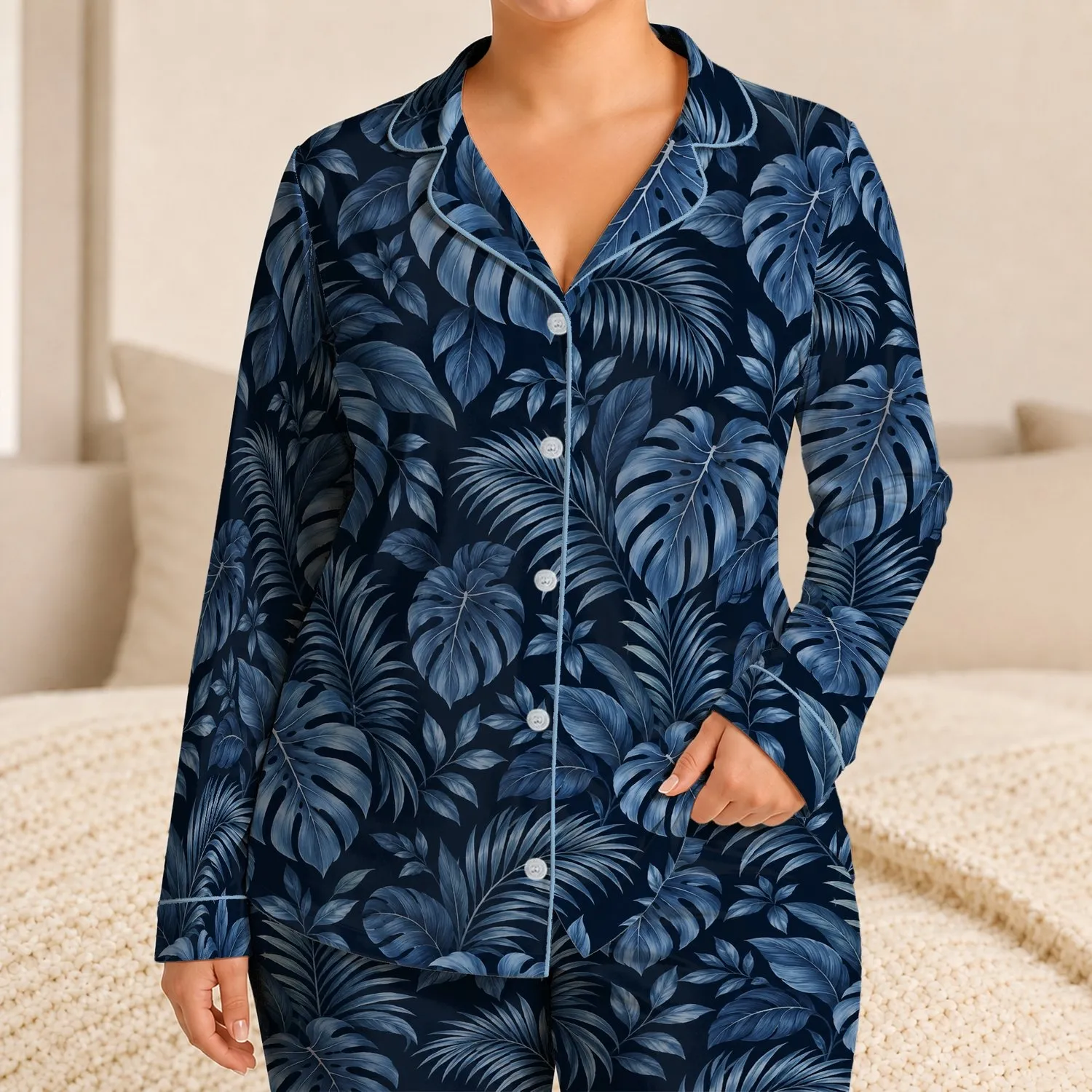 Navy Tropical Monstera and Palm Leaves for Relaxed Summer Lounging Satin Pajamas Set - 1