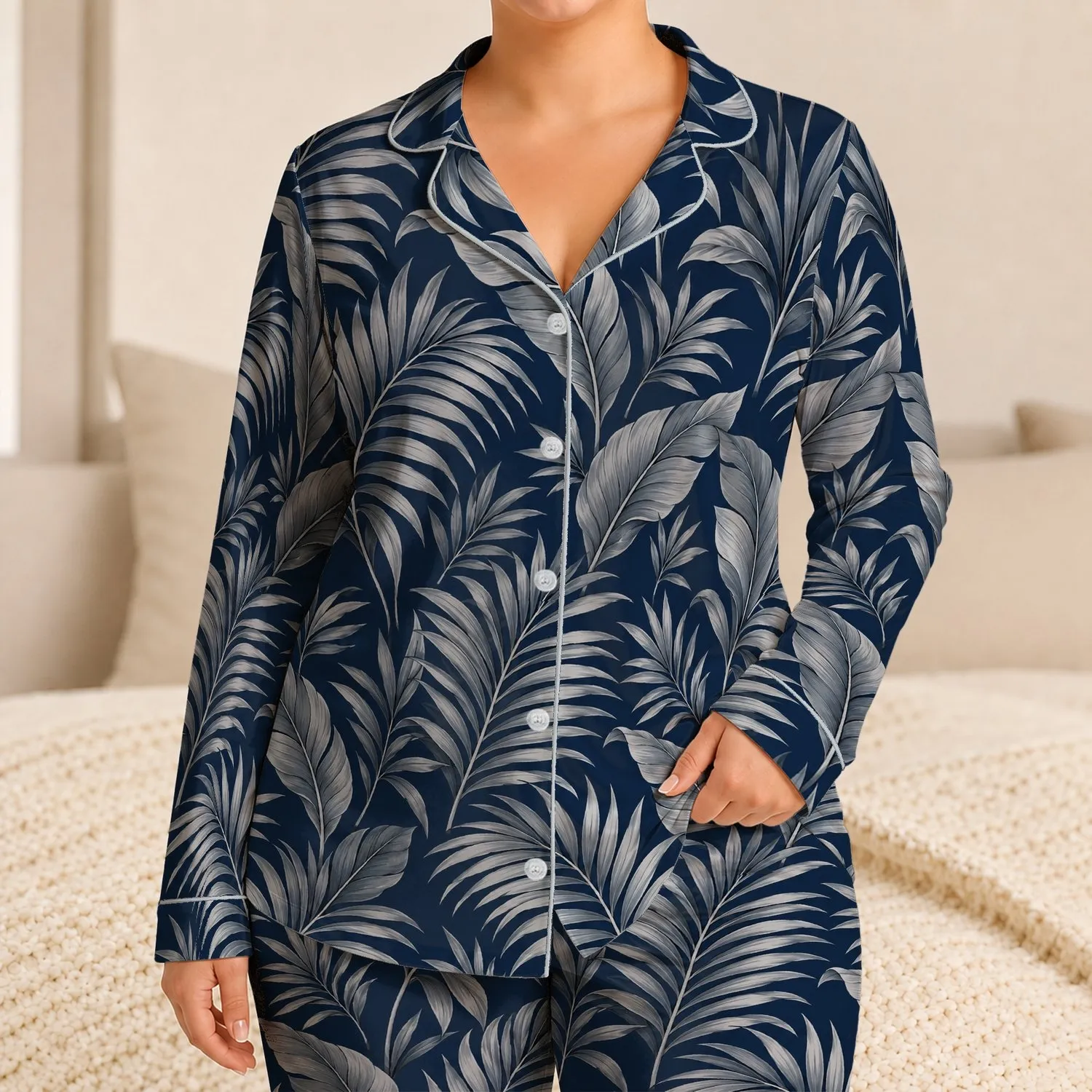 Silver Palm Fronds for Relaxed Tropical Getaways and Coastal Summer Lounging at Home Satin Pajamas Set - 1
