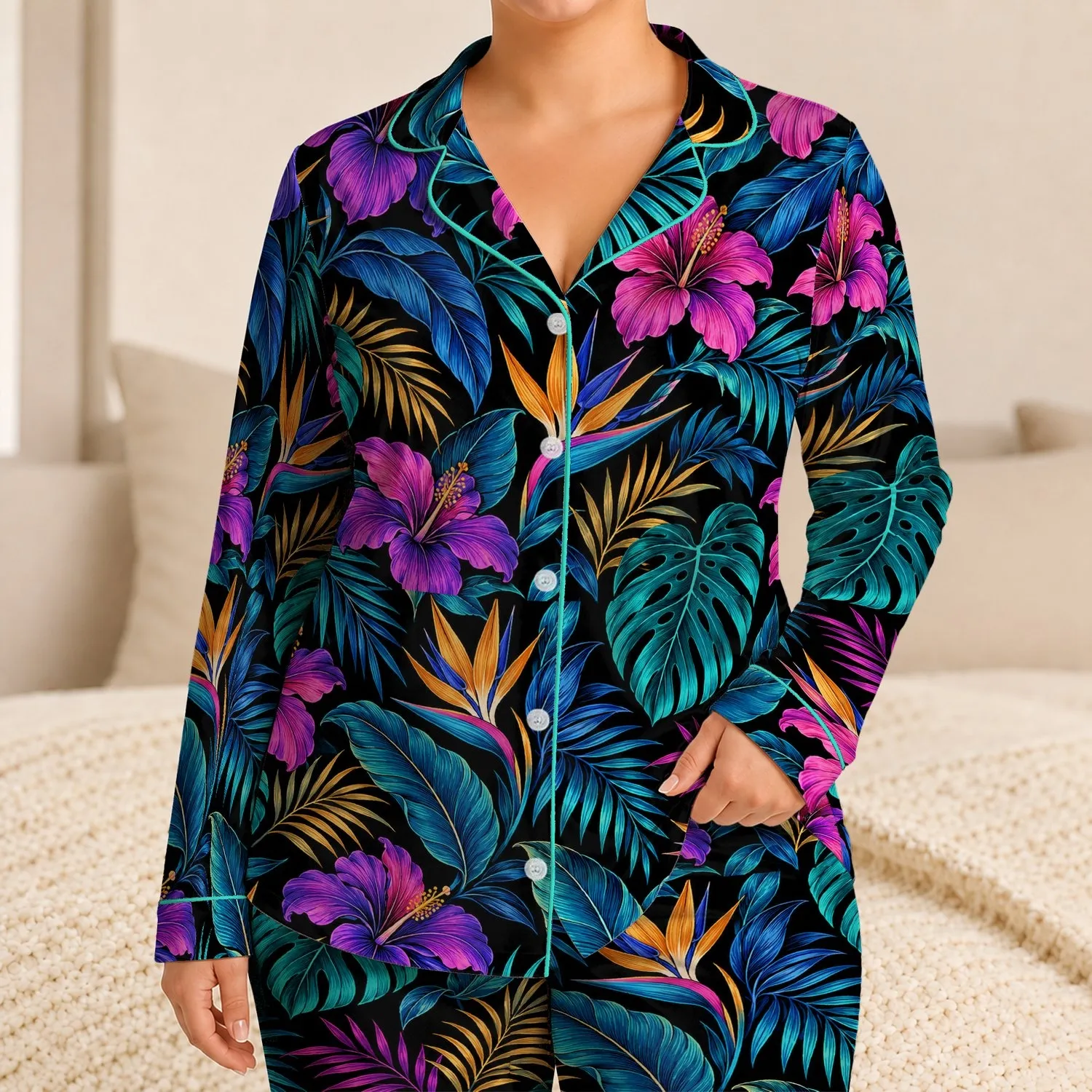 Neon Tropical Botanicals for Colorful Summer Lounging and Resort-Inspired Escapes Satin Pajamas Set - 1