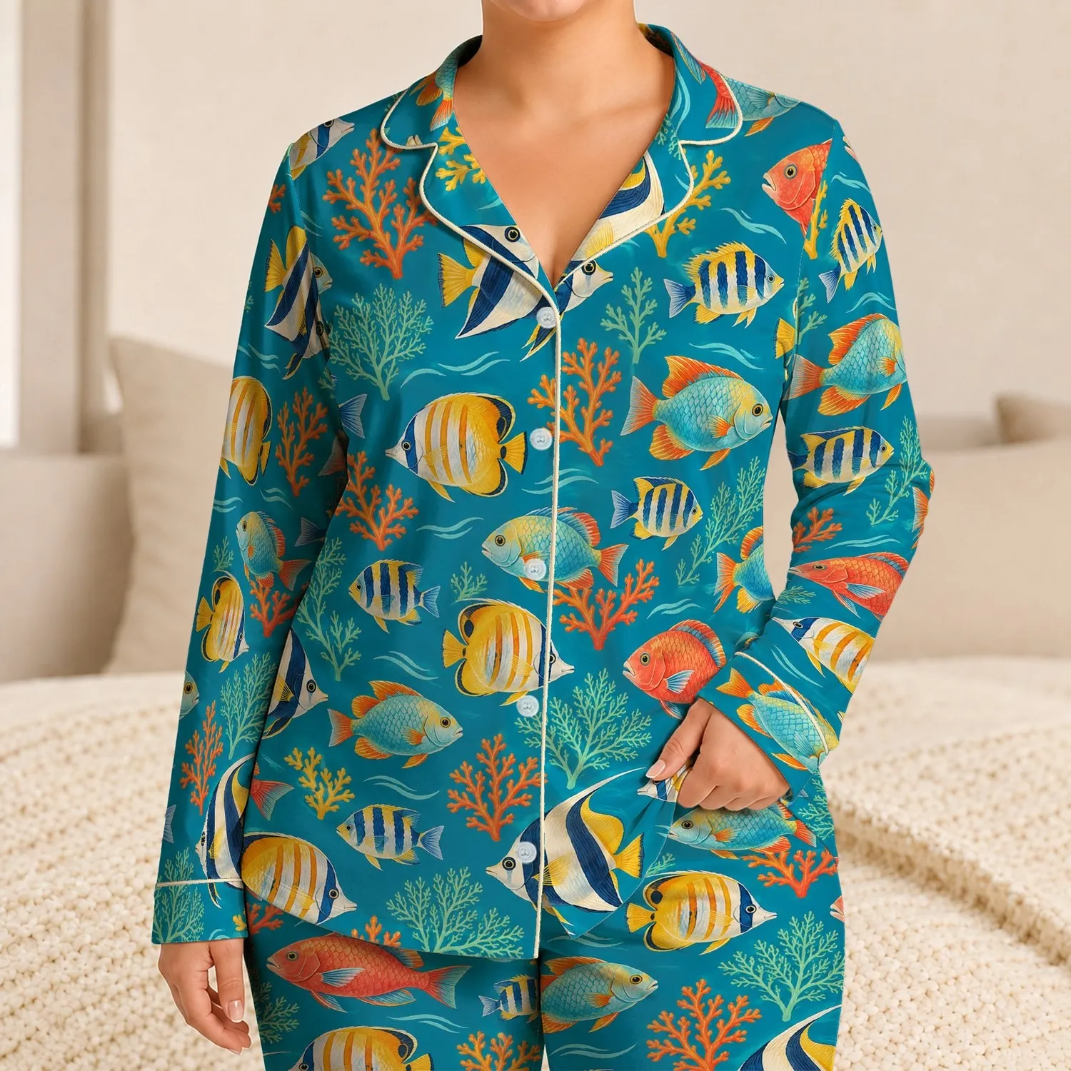 Tropical Reef Fish and Coral for Sunny Coastal Escapes and Relaxed Island Living Satin Pajamas Set - 1