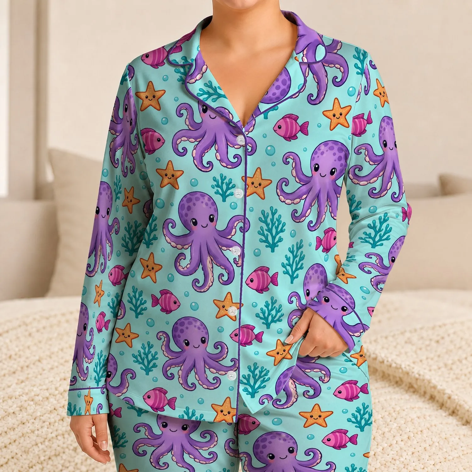 Purple Octopus And Starfish Undersea Motifs For Relaxed Summer Coastal Getaways For Men Satin Pajamas Set - 1