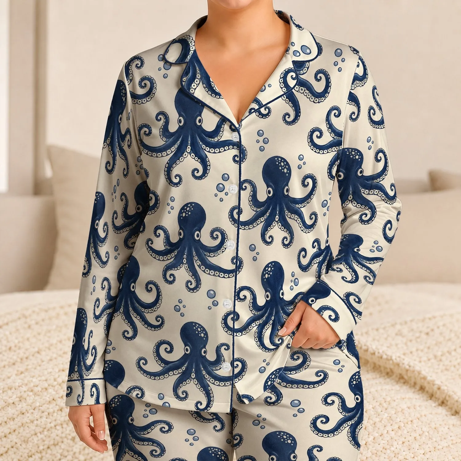 Navy Octopus Ocean Motifs for Relaxed Coastal Getaways and Summer Escapes Satin Pajamas Set - 1