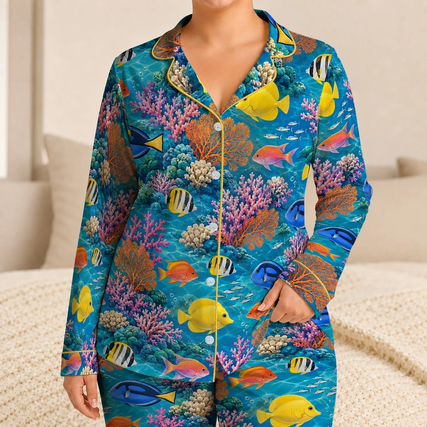 Colorful Tropical Reef Fish And Coral For Relaxed Coastal Getaways And Ocean-Loving Men Satin Pajamas Set - 1