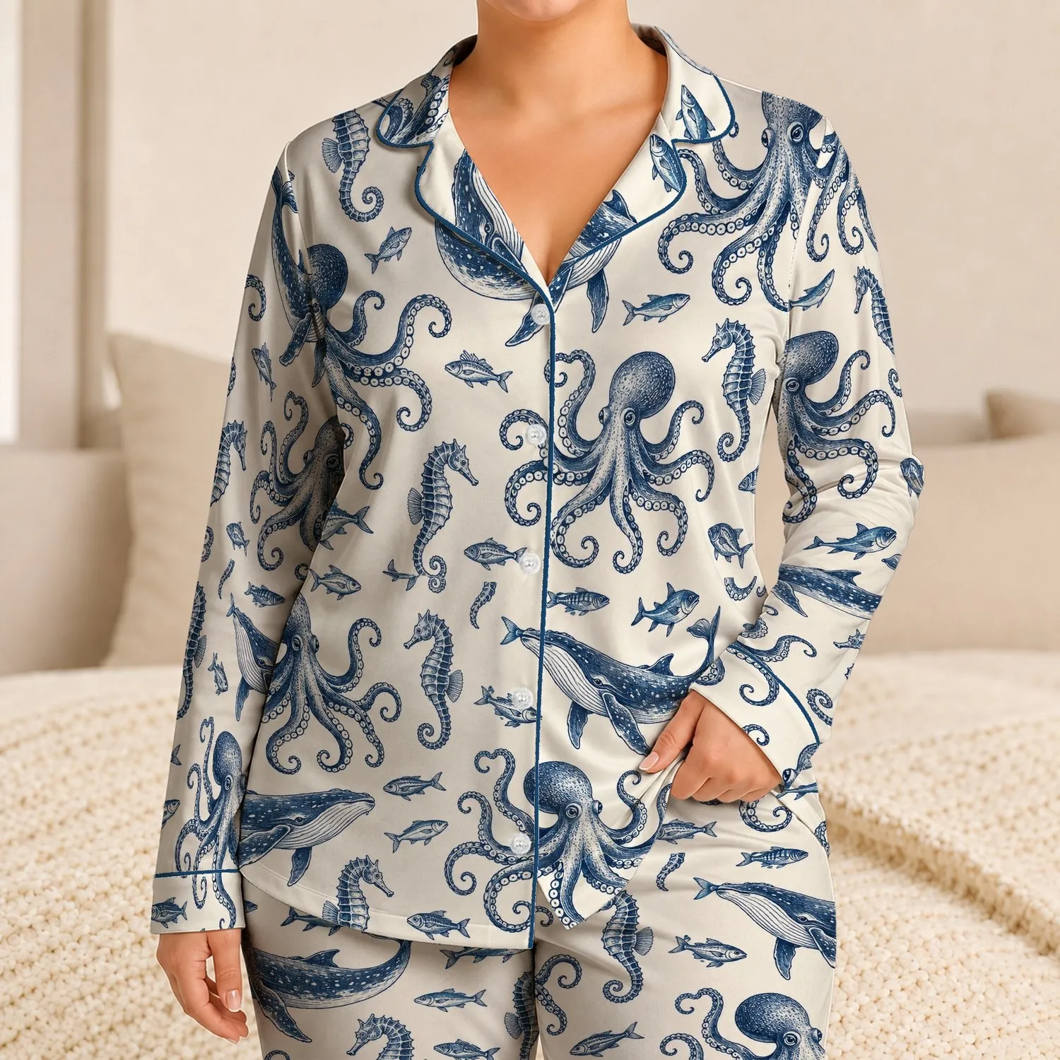 Navy Octopus and Sea Life for Coastal Getaways and Relaxed Ocean-Inspired Living Satin Pajamas Set - 1
