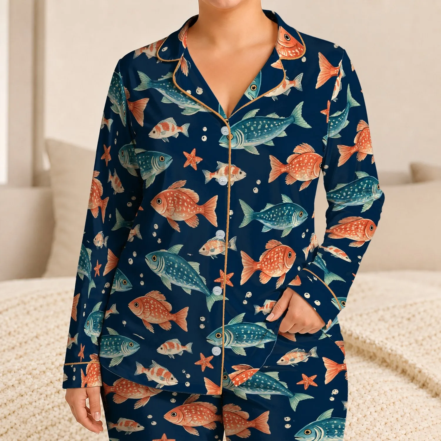 Playful Ocean Fish and Starfish for Relaxed Coastal Summer Evenings at Home Satin Pajamas Set - 1