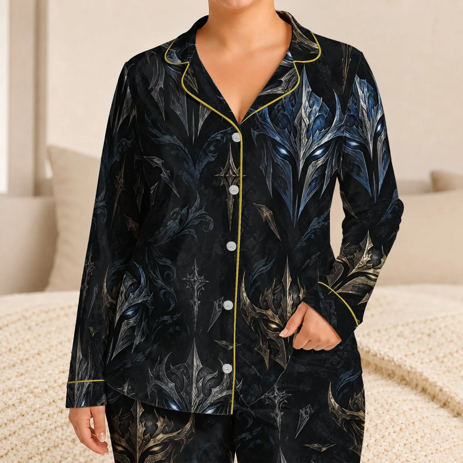 Armored Fantasy Mask Motifs For Bold Lounge Style And Weekend Relaxation Satin Pajamas Set - 1