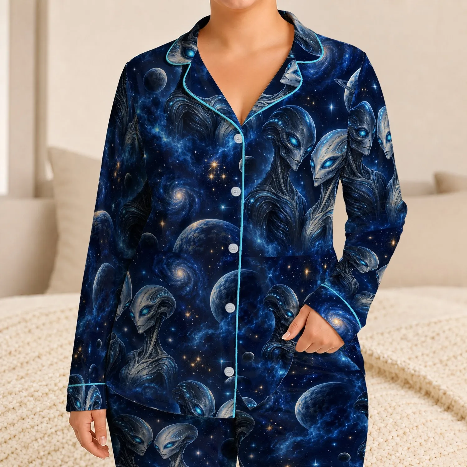 Cosmic Alien Encounters for Relaxed Nights and Weekend Stargazing for Space Fans at Home Satin Pajamas Set - 1