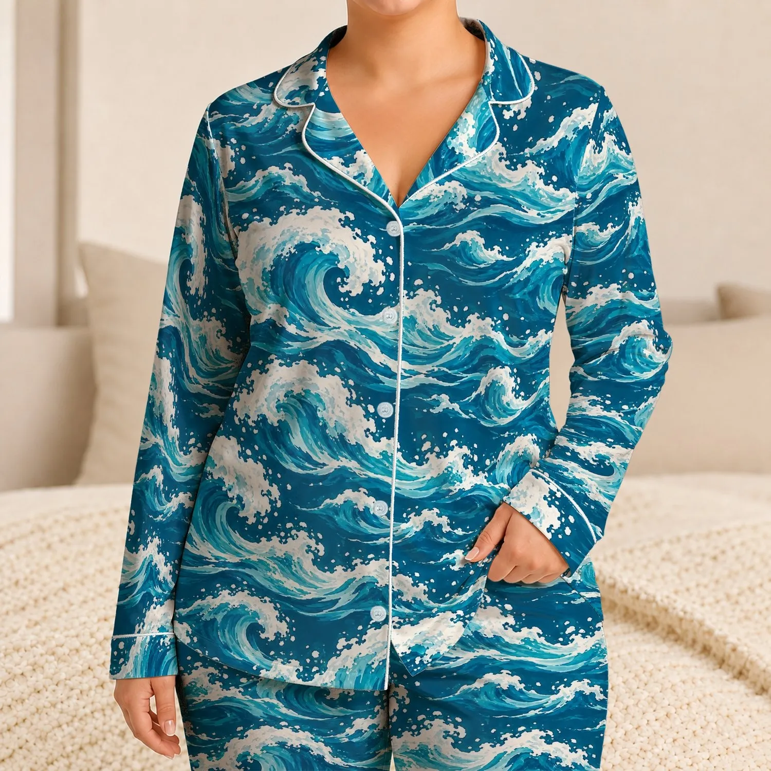 Blue Ocean Waves and White Sea Foam for Relaxed Coastal Summer Getaways Satin Pajamas Set - 1
