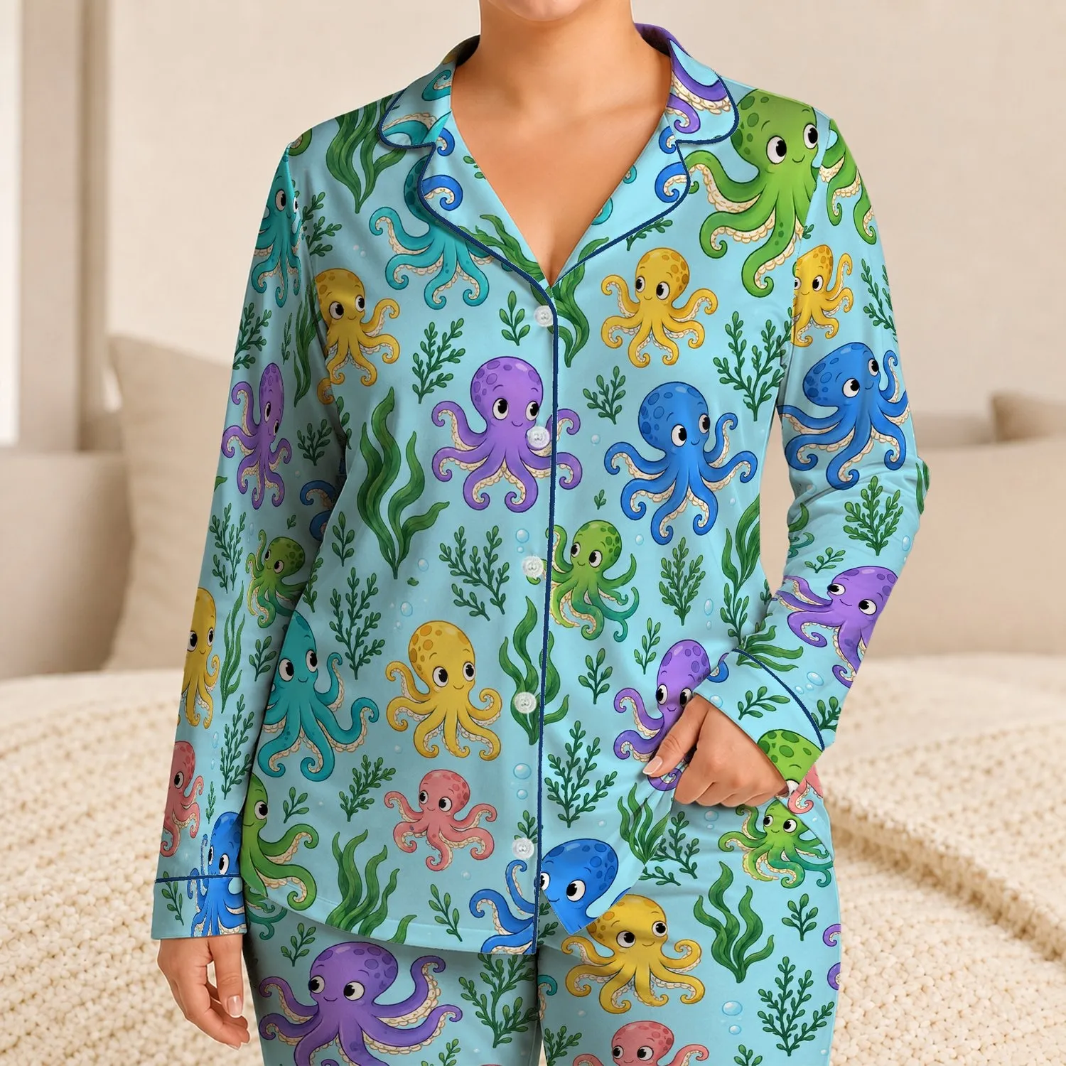 Colorful Cartoon Octopus and Seaweed for Playful Coastal Summer Surfing Days Satin Pajamas Set - 1