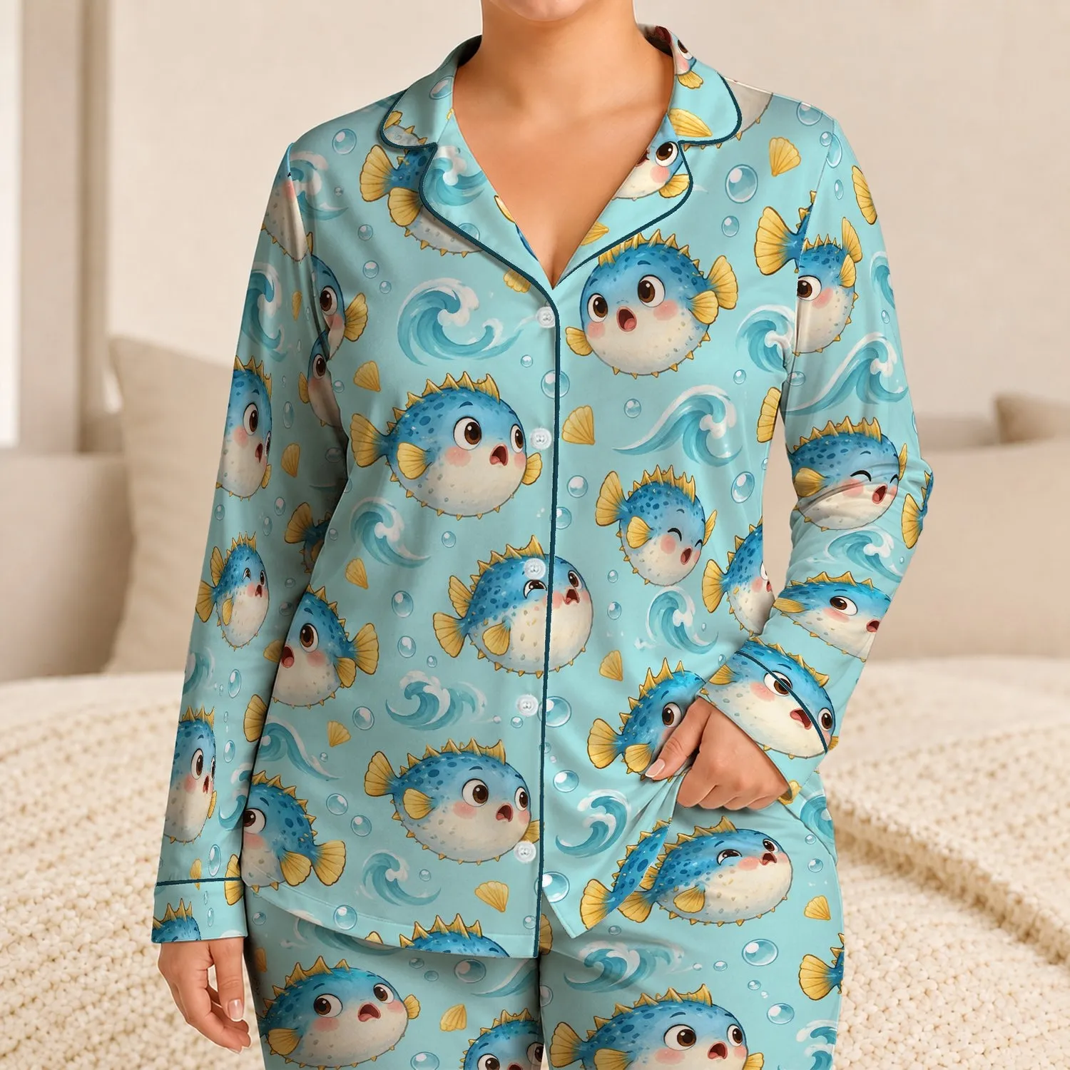 Cheerful Blue Pufferfish Ocean Vibes for Relaxed Coastal Lounging and Summer Getaways Satin Pajamas Set - 1
