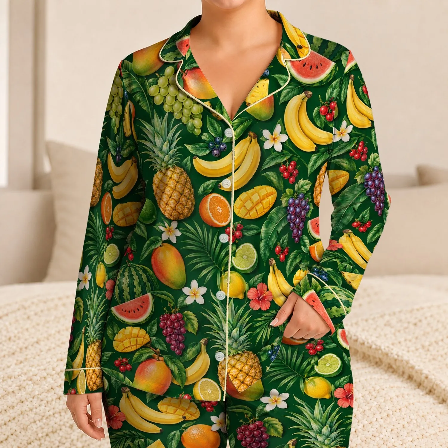 Tropical Pineapple Watermelon Mango Fruit for Beach Getaways and Relaxed Summer Days Satin Pajamas Set - 1