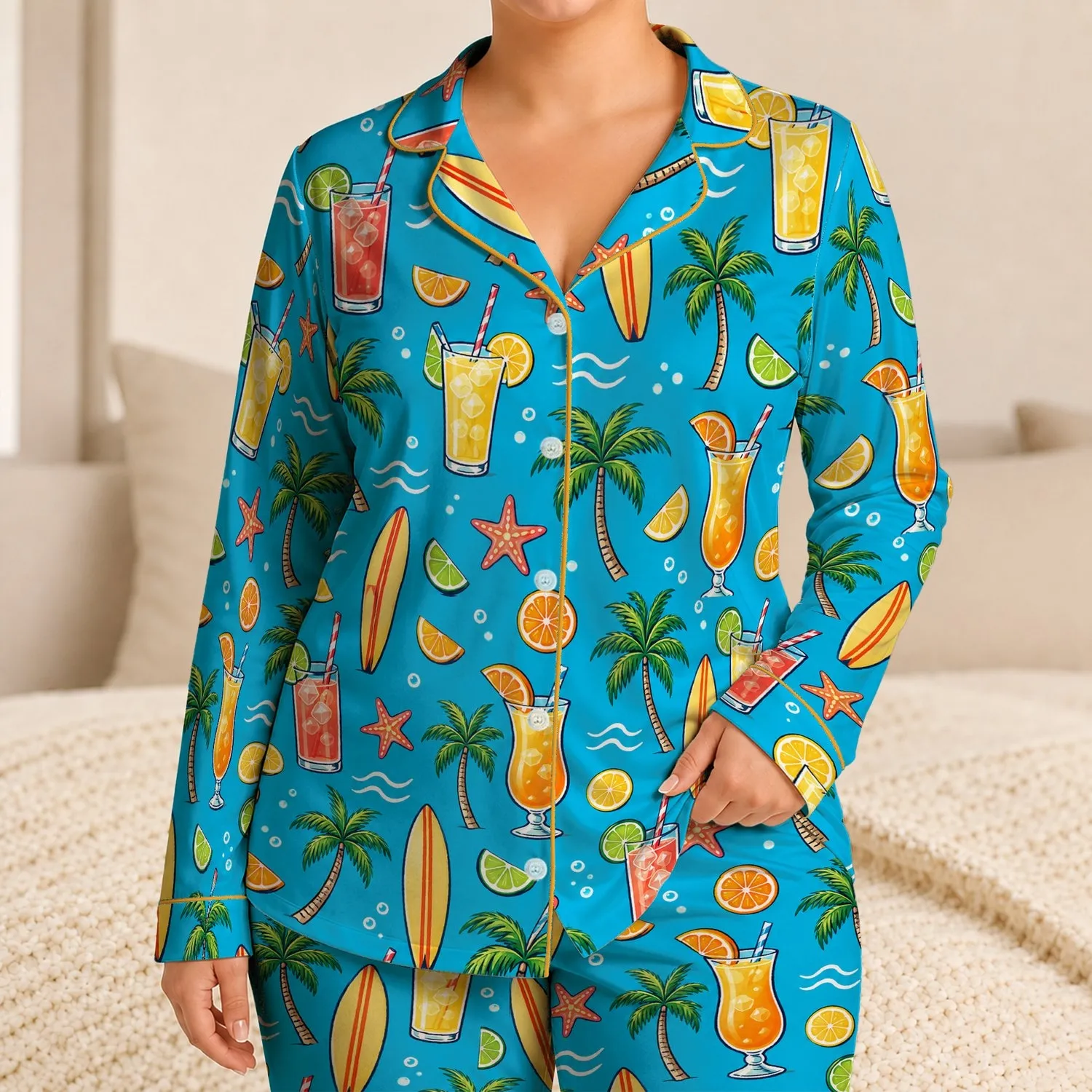 Tropical Cocktails, Surfboards and Citrus for Relaxed Coastal Summer Getaways and Travel Satin Pajamas Set - 1