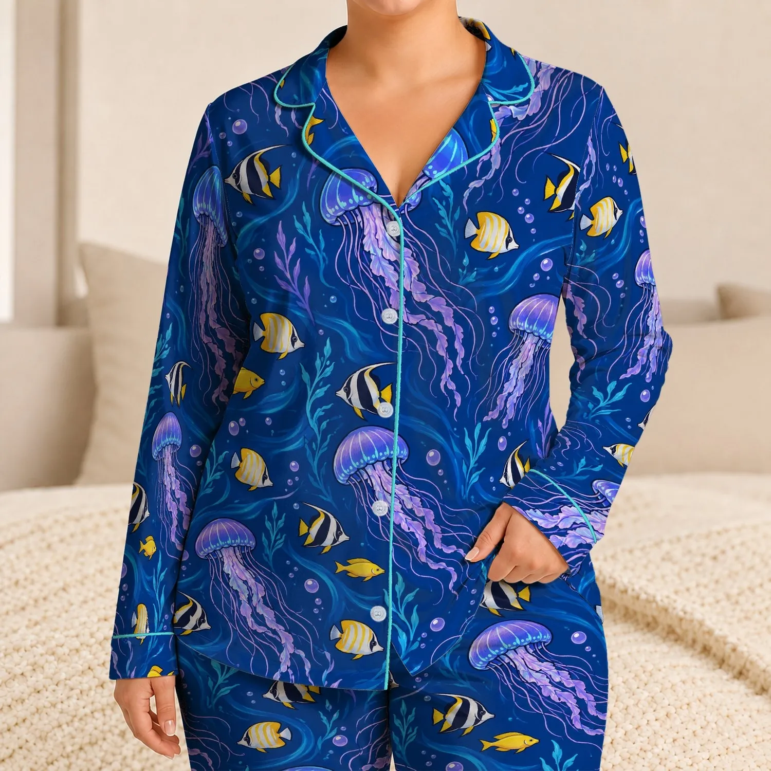 Jellyfish and Tropical Fish in Deep Sea Blue for Relaxed Coastal Evenings and Getaways Satin Pajamas Set - 1