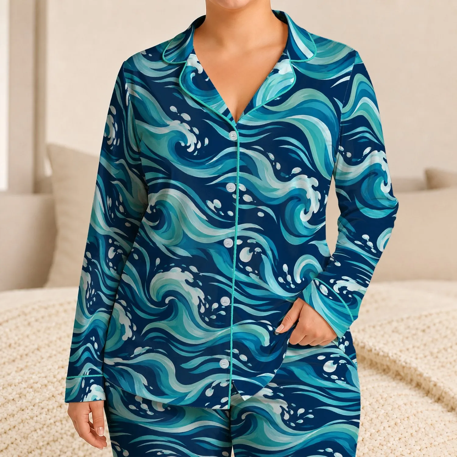 Turquoise Ocean Current Waves for Relaxed Summer Beach Getaways Satin Pajamas Set - 1