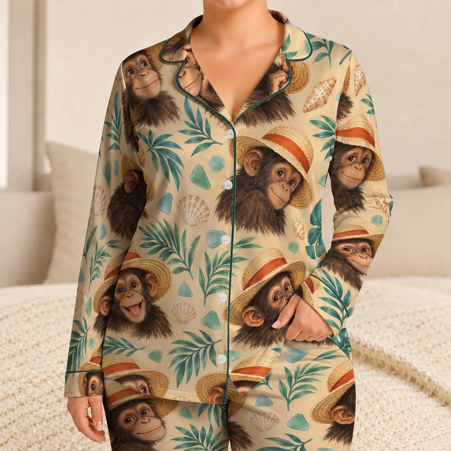 Straw Hat Monkey Beachside Cheer for Sunny Getaways and Relaxed Tropical Holiday Lounging Satin Pajamas Set - 1