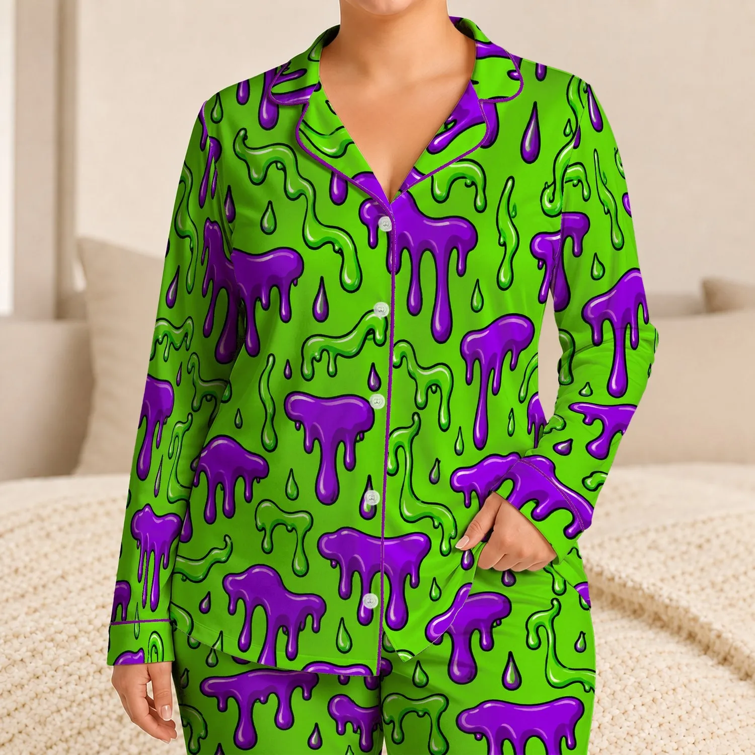 Neon Green And Purple Slime Drips For Playful Weekend Lounging And Color Lovers Satin Pajamas Set - 1