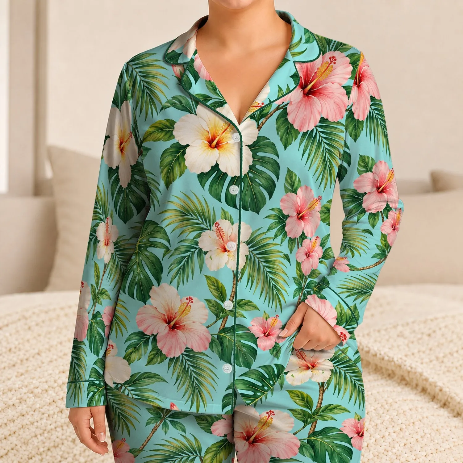 Tropical Hibiscus And Palm Fronds For Relaxed Island Getaways And Summer Escapes At Home Satin Pajamas Set - 1