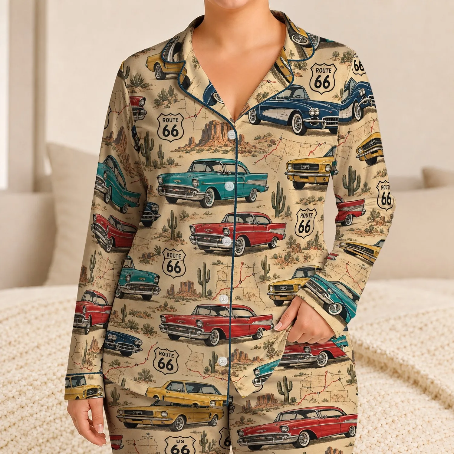 Vintage Route 66 Classic Cars for Cozy Road Trip Nights and Retro Americana Fans Satin Pajamas Set - 1