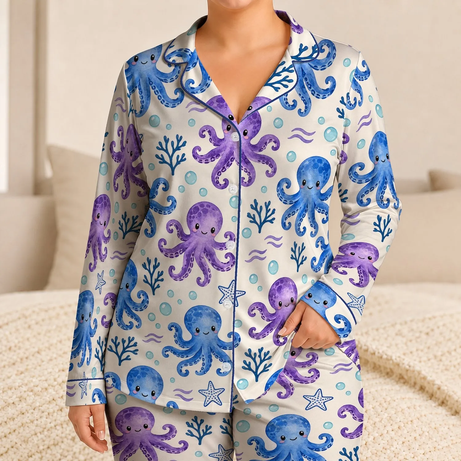 Blue Purple Octopus Ocean Motifs for Relaxed Coastal Getaways and Easy Summer Escapes Satin Pajamas Set - 1