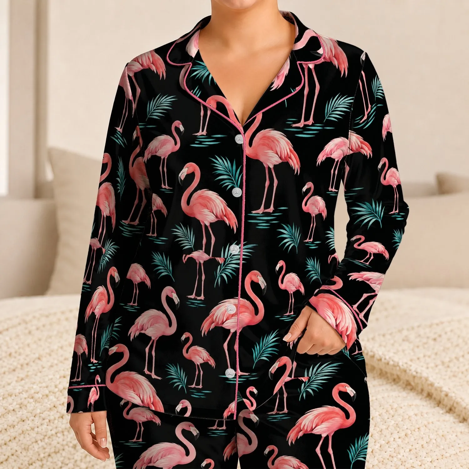 Pink Flamingos on Black for Tropical Summer Getaways and Relaxed Coastal Lounging Satin Pajamas Set - 1