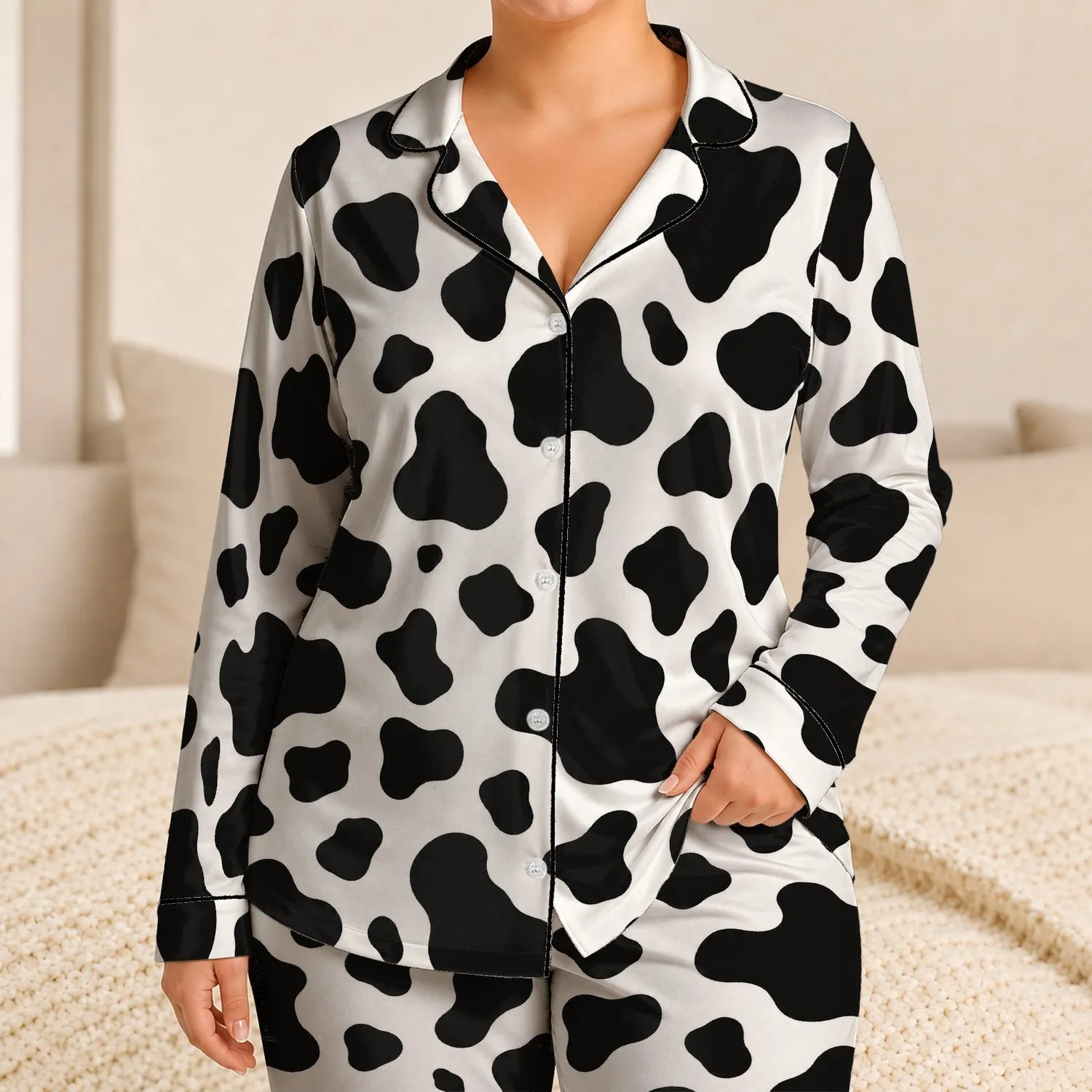 Black And White Cowhide Spots For Relaxed Summer Getaways And Easy Coastal Weekends Satin Pajamas Set - 1