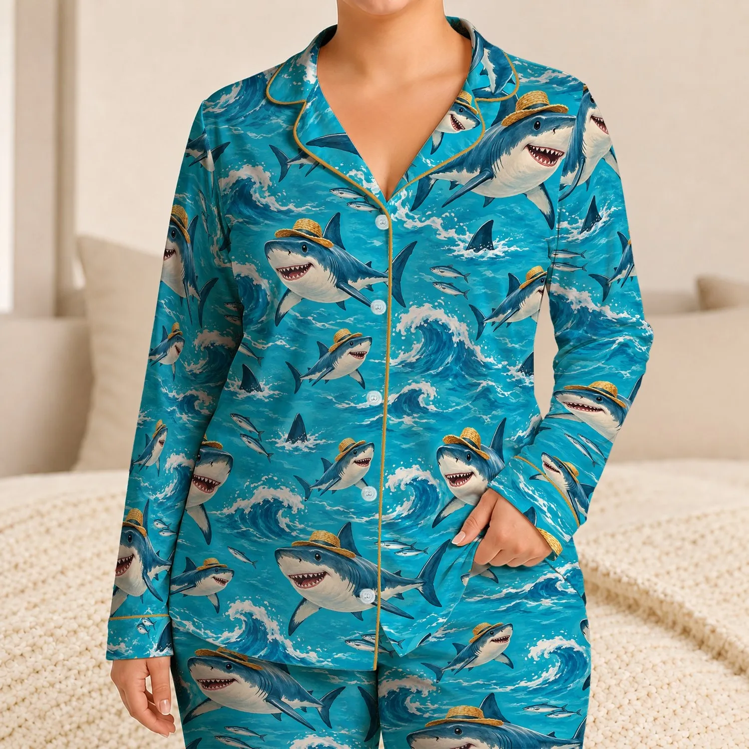 Straw Hat Sharks And Turquoise Waves For Sunny Coastal Getaways And Ocean Lovers Satin Pajamas Set - 1