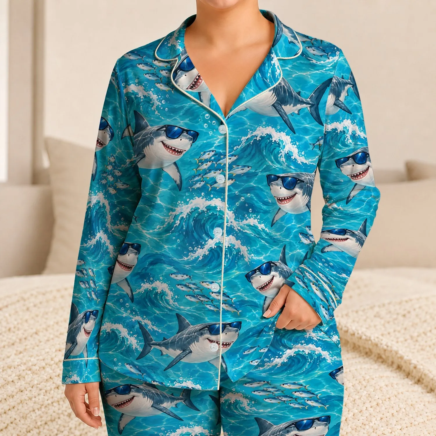 Sunglasses Sharks And Turquoise Waves For Playful Tropical Beach Days Satin Pajamas Set - 1