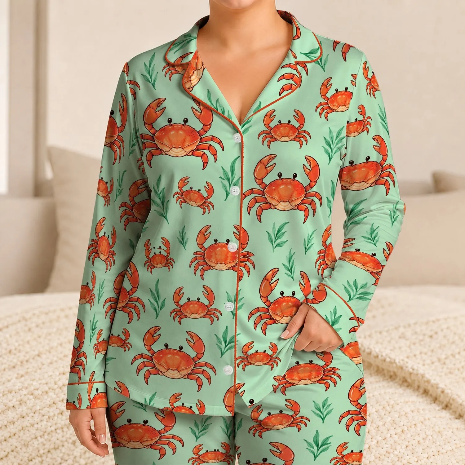 Orange Crab Coastal Summer Style for Relaxed Beach Getaways and Sunny Vacation Days Satin Pajamas Set - 1