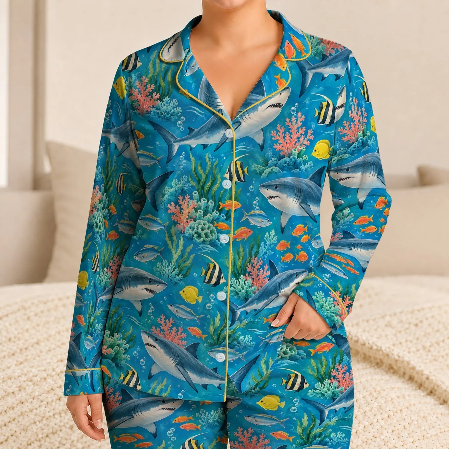 Sharks and Tropical Fish Undersea Scene for Coastal Getaways and Relaxed Summer Days Satin Pajamas Set - 1