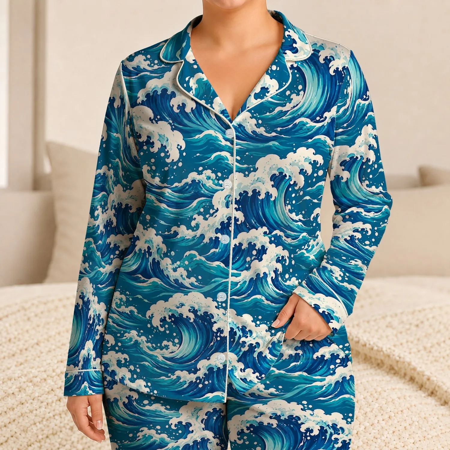 Japanese Ocean Waves in Deep Blue for Relaxed Coastal Getaways and Summer Escapes Satin Pajamas Set - 1