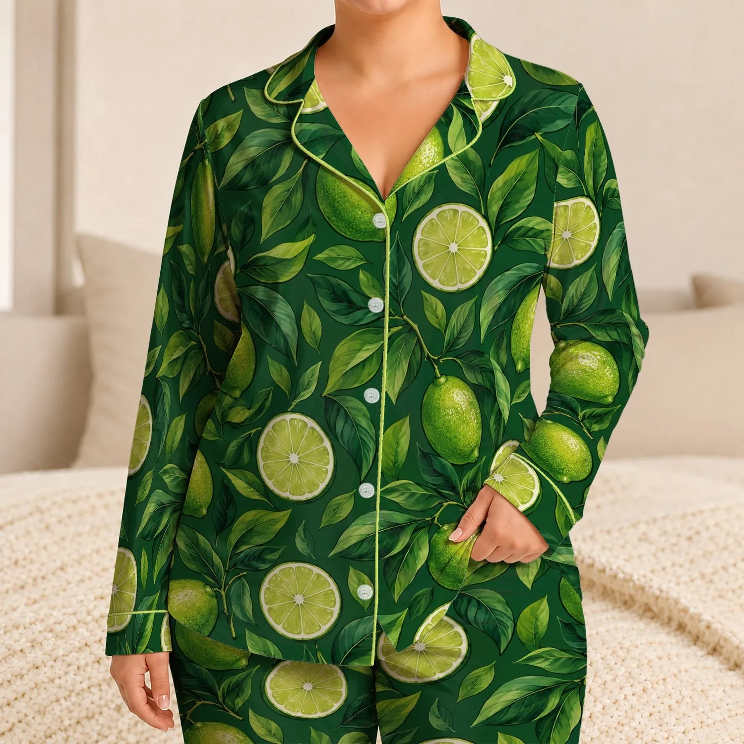 Lime Slices And Lush Green Leaves For Fresh Summer Lounging And Relaxed Getaways Satin Pajamas Set - 1
