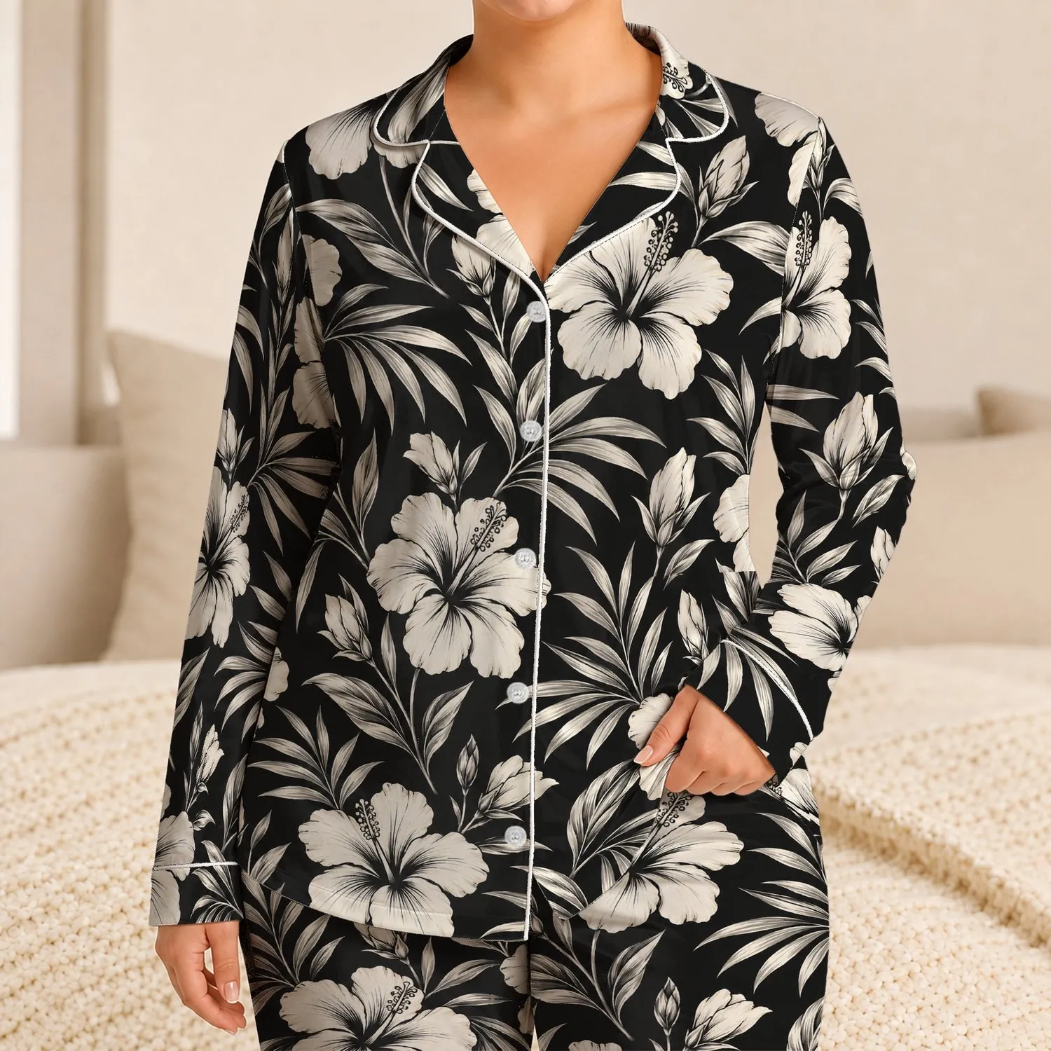 White Hibiscus and Tropical Leaves for Relaxed Island Getaways and Summer Escapes Satin Pajamas Set - 1