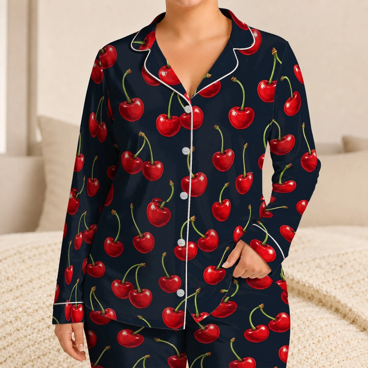 Bright Red Cherries for Tropical Getaways, Summer Lounging and Playful Beach Days Satin Pajamas Set - 1