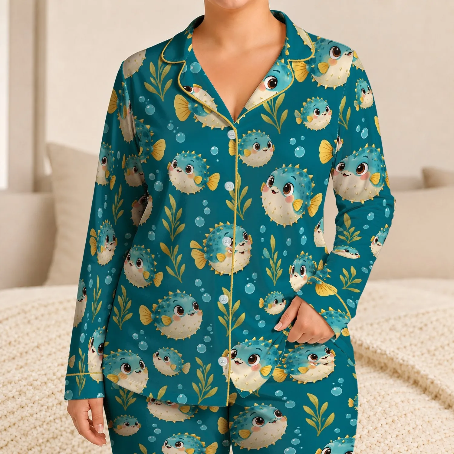 Cheerful Blue Pufferfish and Golden Fins for Playful Ocean Days Satin Pajamas Set - 1