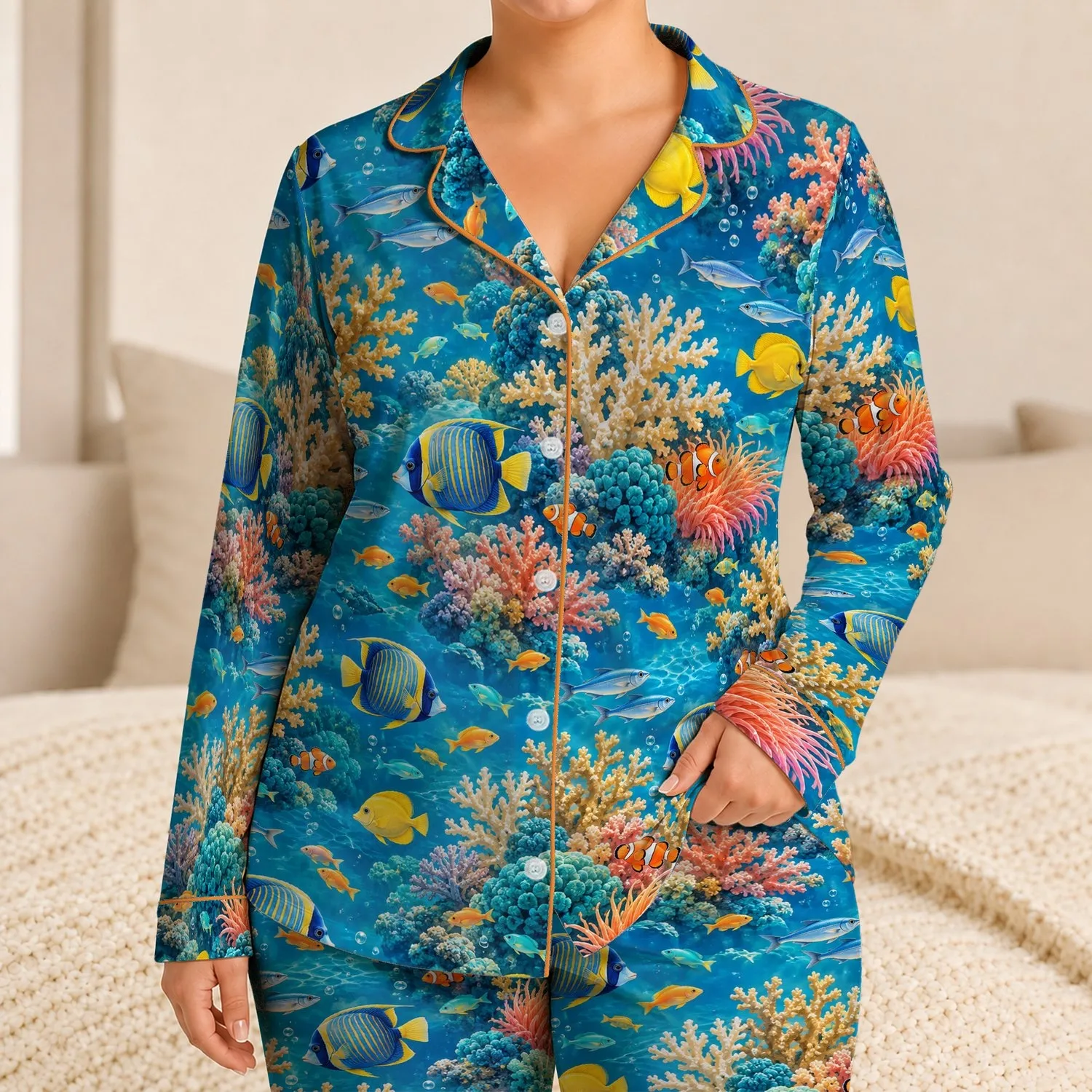 Tropical Reef Fish and Coral for Coastal Getaways and Relaxed Island Living Escapes Satin Pajamas Set - 1