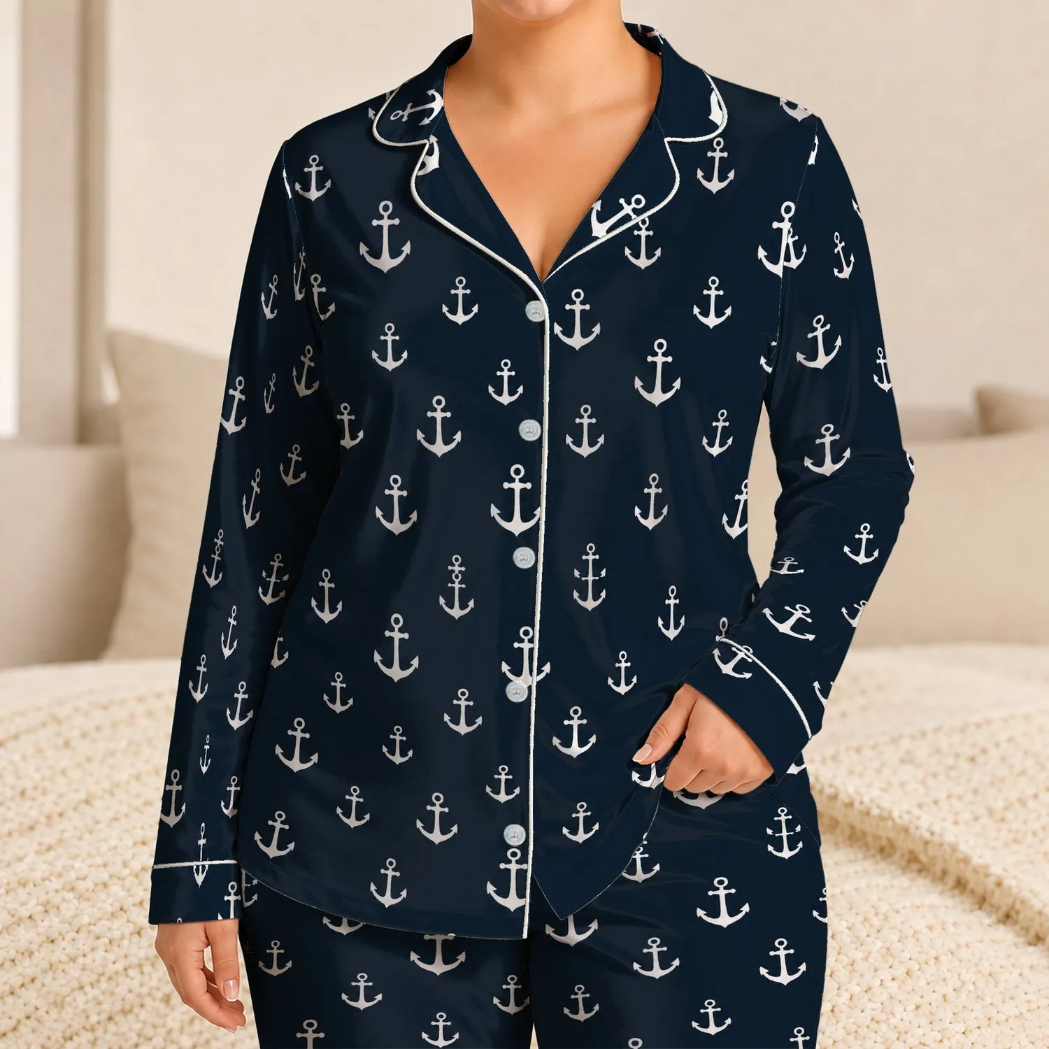 Nautical White Anchor Motifs for Relaxed Coastal Lounging and Easy Weekend Getaways Satin Pajamas Set - 1