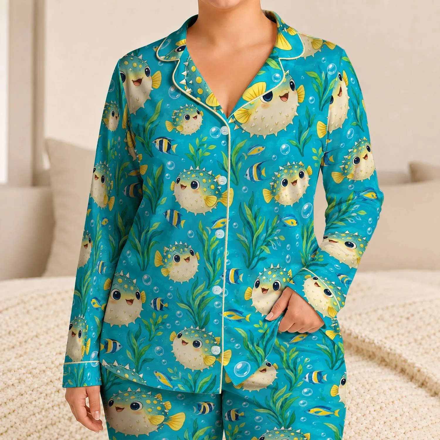 Cute Pufferfish Ocean Friends for Relaxed Coastal Getaways and Sunny Summer Lounging Satin Pajamas Set - 1
