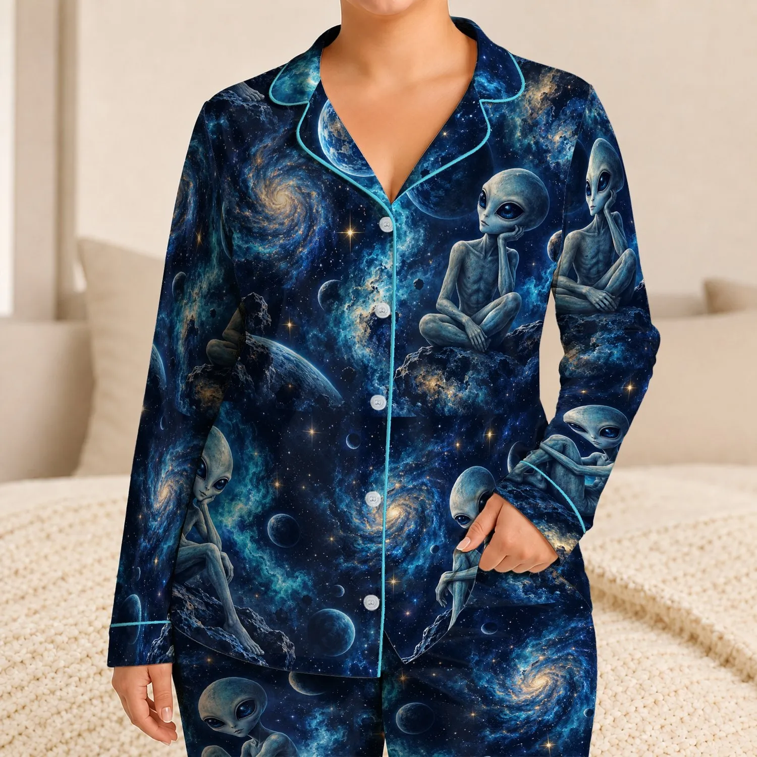 Cosmic Alien Encounters for Stargazing Nights and Relaxed Getaways for Sci-Fi Fans Satin Pajamas Set - 1