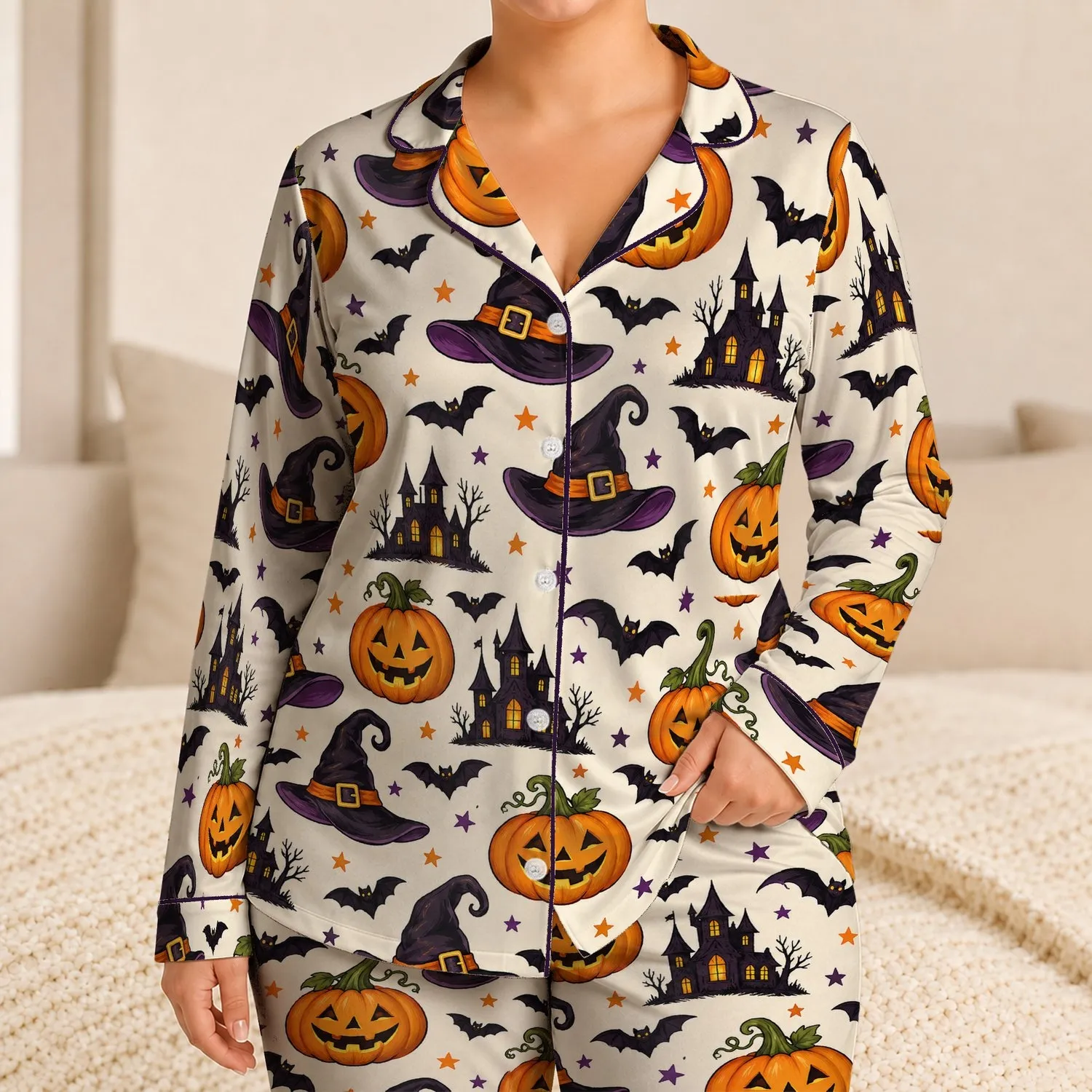 Pumpkin Wizard Hats, Bats & Jack-O'-Lanterns for Cozy Halloween Nights at Home Satin Pajamas Set - 1