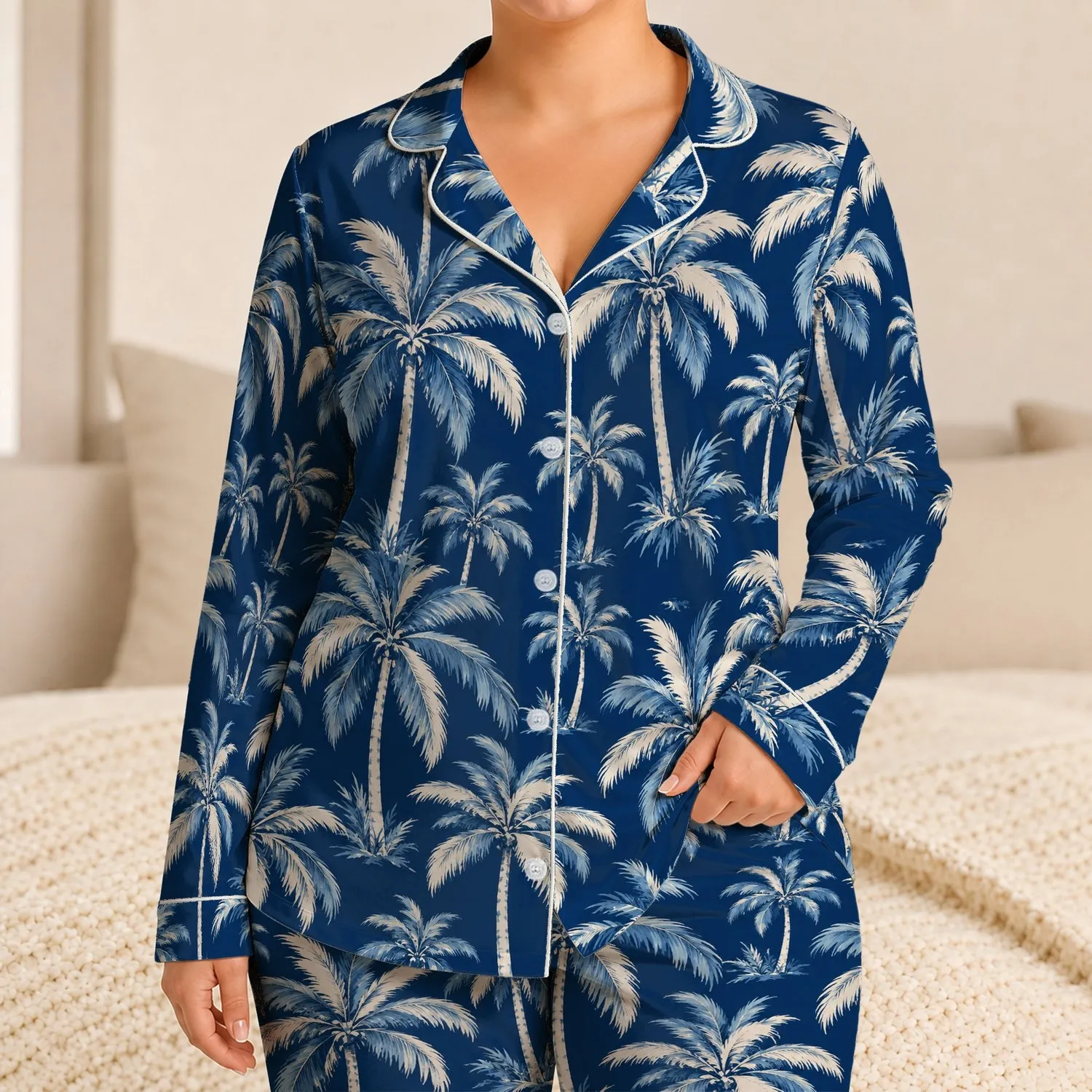 Navy Aegean Palm Trees for Coastal Getaways and Relaxed Summer Lounging by the Sea Satin Pajamas Set - 1