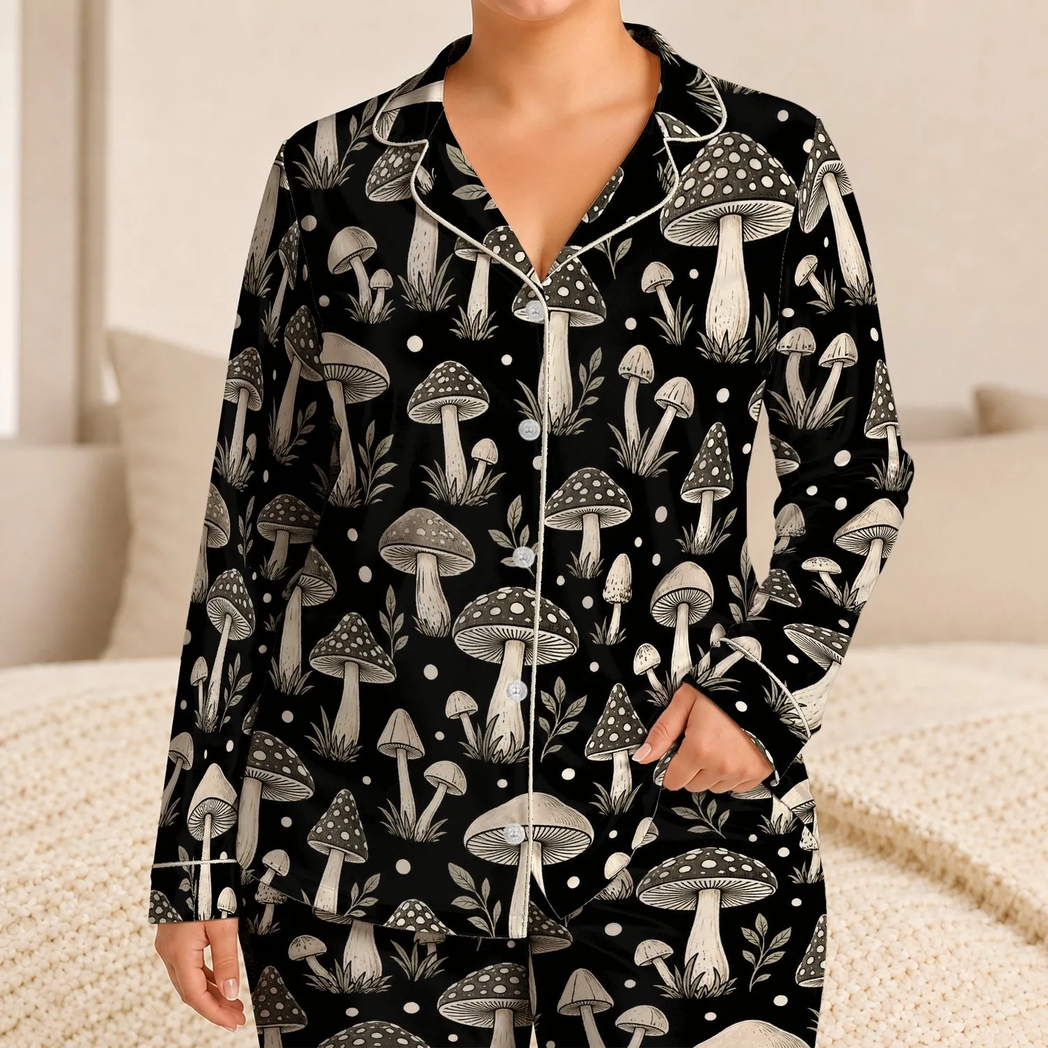 Hand Drawn Mushrooms for Playful Summer Lounging and Beach Getaways Satin Pajamas Set - 1