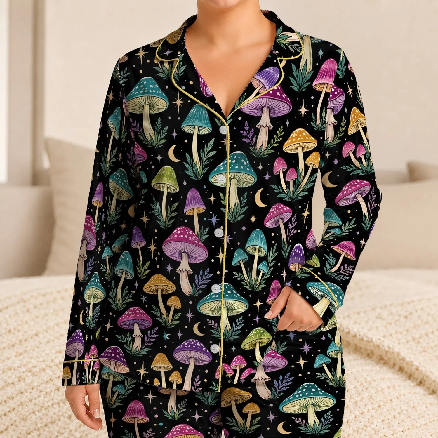 Colorful Mushroom Constellations for Cozy Nighttime Lounging and Relaxed Weekends Satin Pajamas Set - 1