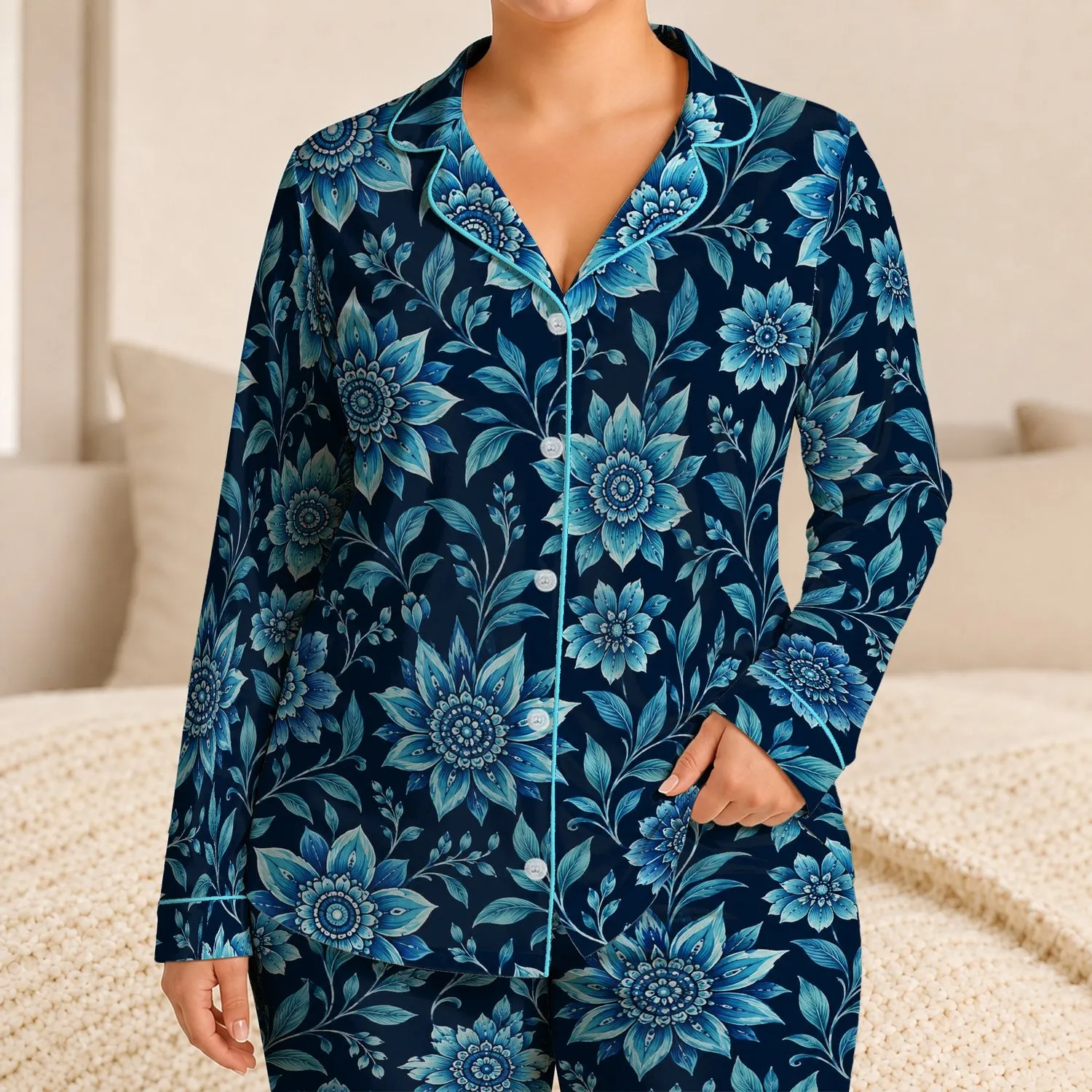 Midnight Blue Mandala Blooms for Relaxed Evenings and Thoughtful Gifts for Him Satin Pajamas Set - 1