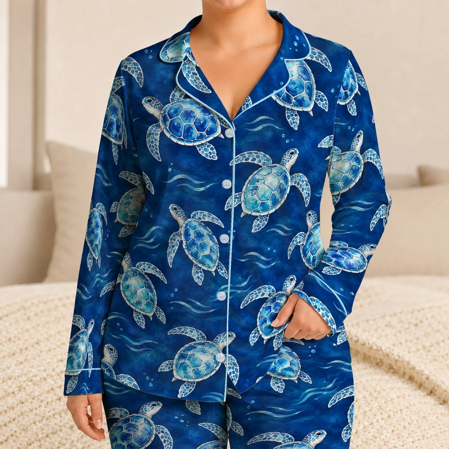 Blue Sea Turtle Ocean Motifs for Coastal Getaways and Relaxed Beachside Adventures Satin Pajamas Set - 1
