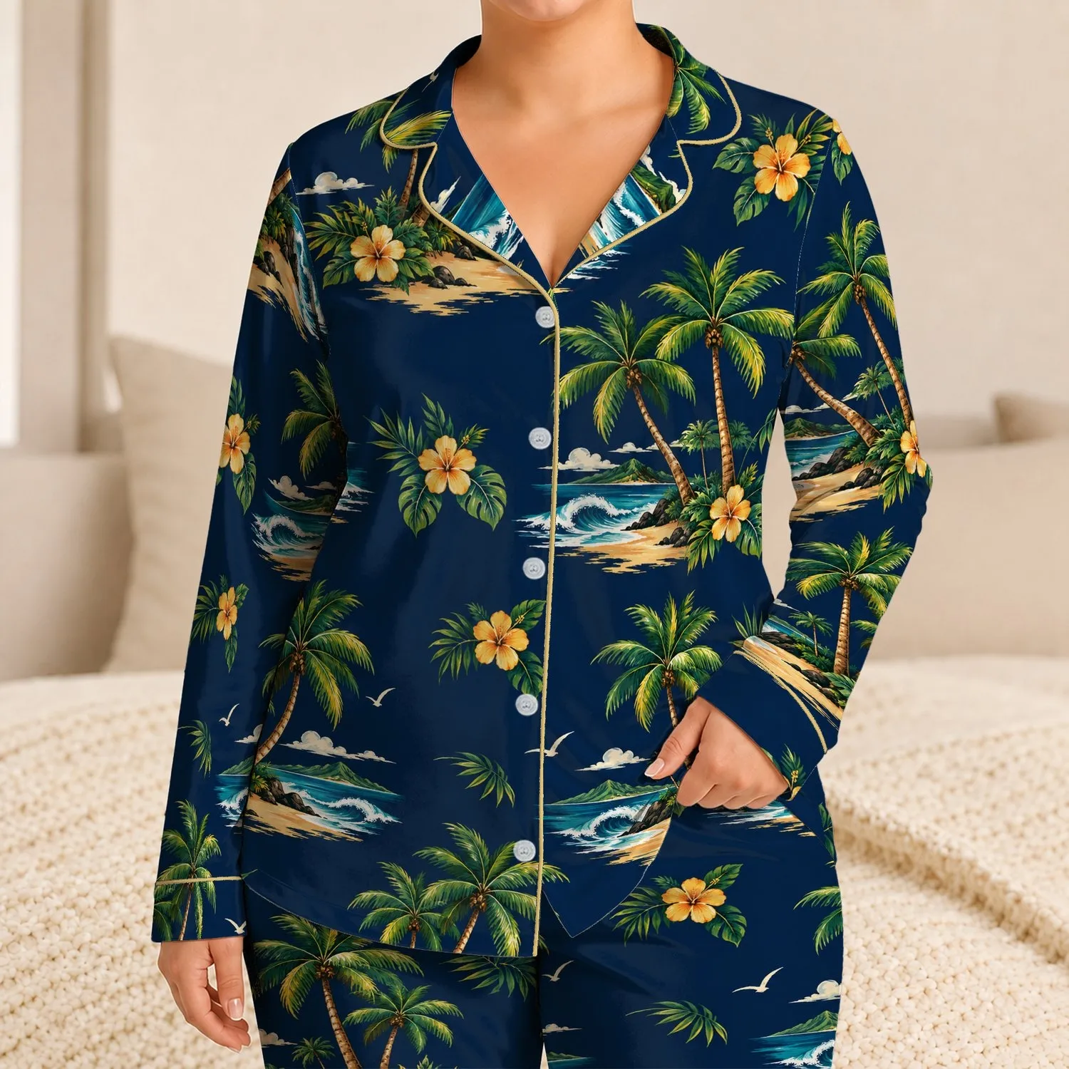 Coconut Palm Beach Scene for Relaxed Summer Getaways and Tropical Escapes Satin Pajamas Set - 1