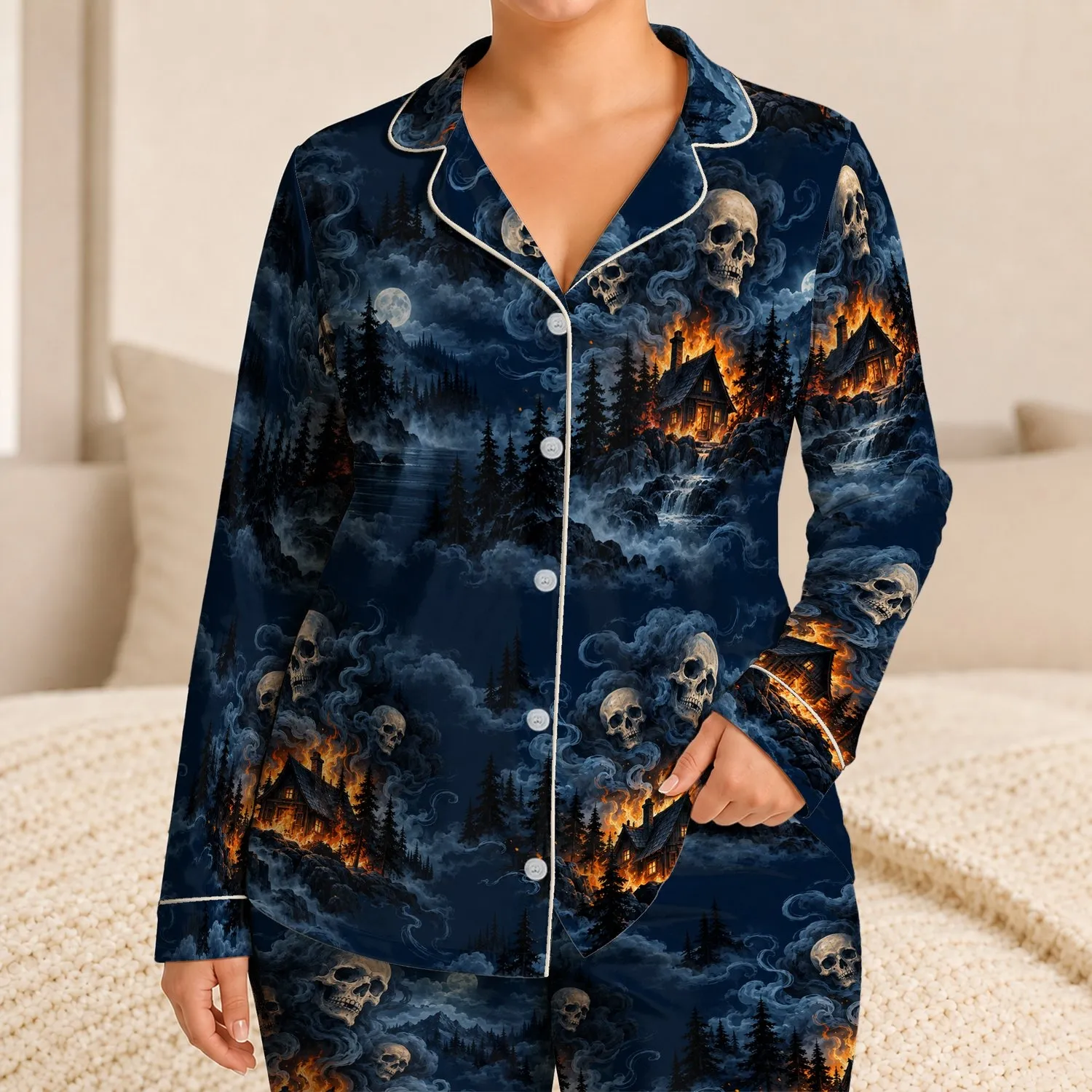 Haunted Cabin And Floating Skulls For Spooky Halloween Nights And Cozy Gothic Evenings Satin Pajamas Set - 1